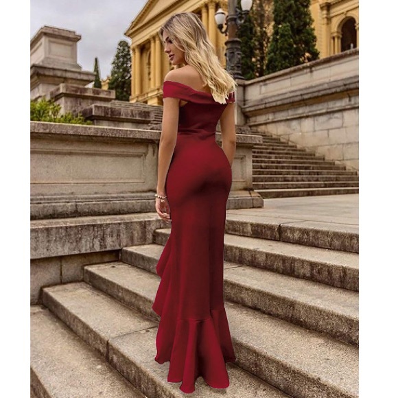 ‘FIONA’ Off the Shoulder Ruffle Slit Mermaid Gown - Picture 2 of 3